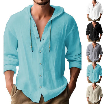 Summer Men's Linen Shirt Solid Streetwear Long Sleeve Hoodie Cardigan Clothing For Men Button Tops Casual Loose Men Hooded Shirt