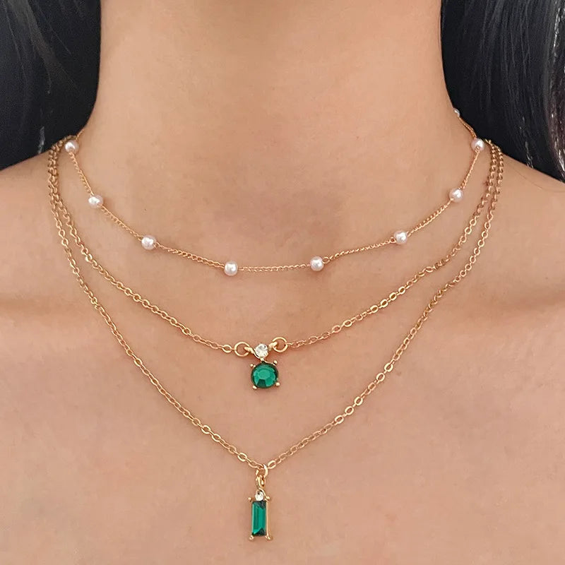 Simple Stacked Retro Imitation Emerald Green Pearl Multi-layer Necklace For Women Fashionable Jewelry Accessories Birthday Gifts