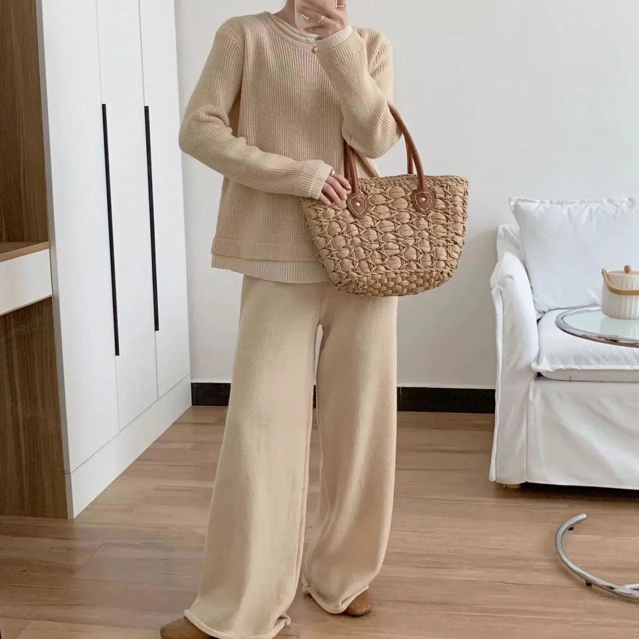 Knitted Two-Piece Pullover Sweater & Wide-Leg Pants Set – Modest Casual Knitwear Tracksuit - Aurex