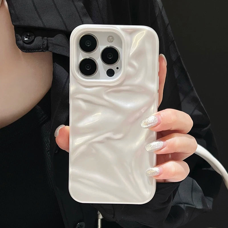 Pearl White Folds Texture Case For iPhone 16 13 14 11 12 Pro Max 15 Plus Stylish Glossy Soft TPU Phone Back Cover