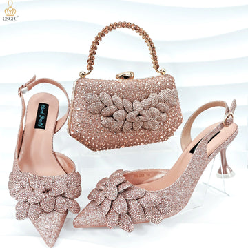 Elegant Peach Color High Heels Shoes And Bag With Rhinestone Embellished Toe Is Comfortable Women's Shoes For Party