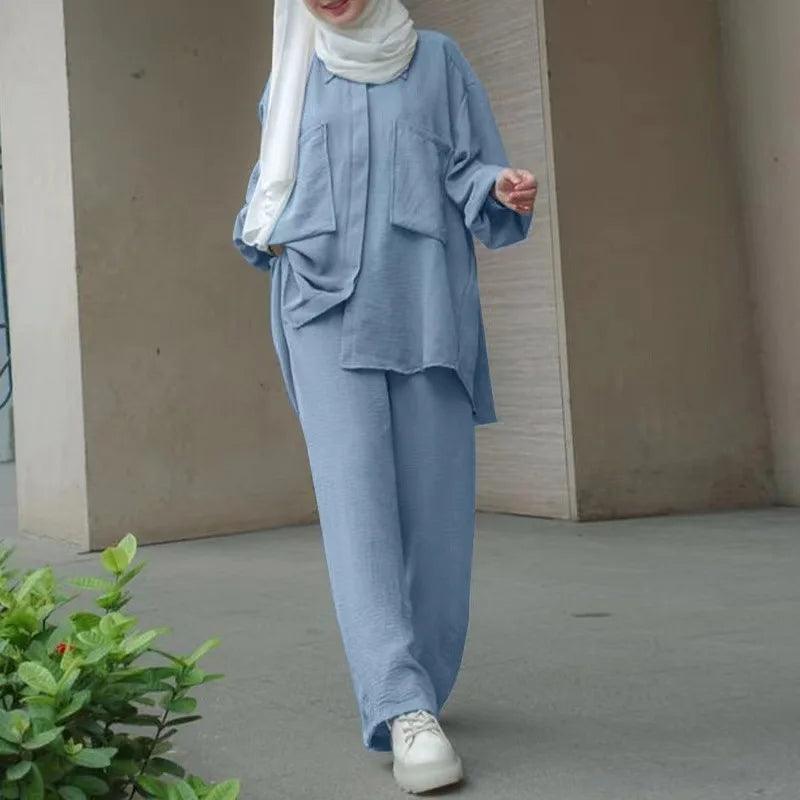 Muslim Wide Leg Trousers Suits for Women, Solid Long Tops and Pant Sets, Islamic Fashion, Urban Tracksuit, Two Piece Sets - Aurex