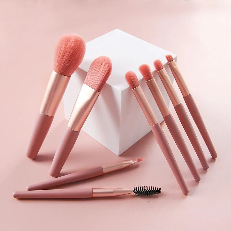 Mini Brush 8-Piece Makeup Bag Portable concealer powder brush set soft fur make-up tool  Green snap bag