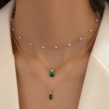 Simple Stacked Retro Imitation Emerald Green Pearl Multi-layer Necklace For Women Fashionable Jewelry Accessories Birthday Gifts