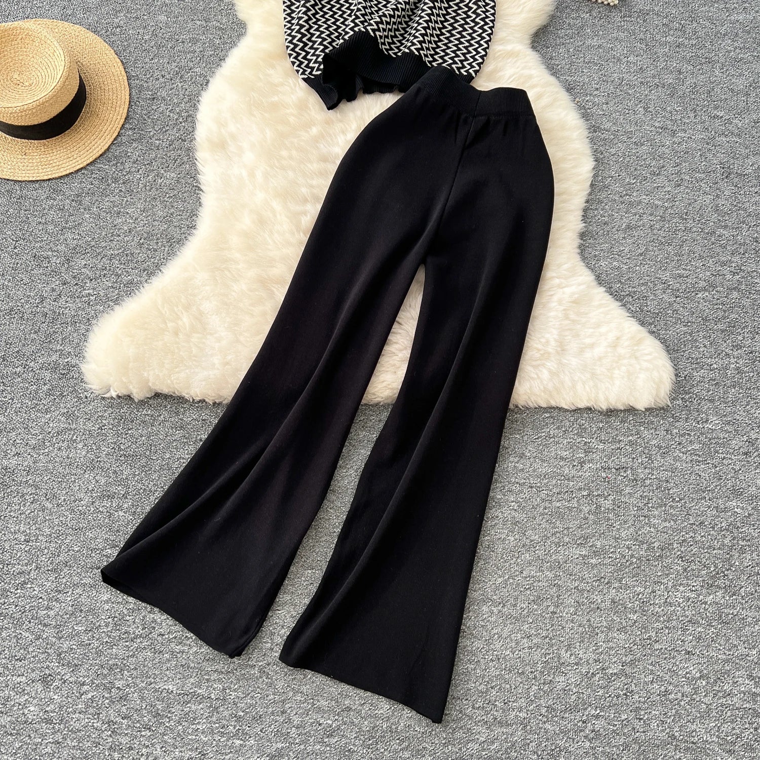 SINGREINY Korean Fashion Summer Sets O Neck Sleeveless Stripe Knitting Tops+Elastic Waist Basic Long Pants Casual Female Suits - Aurex