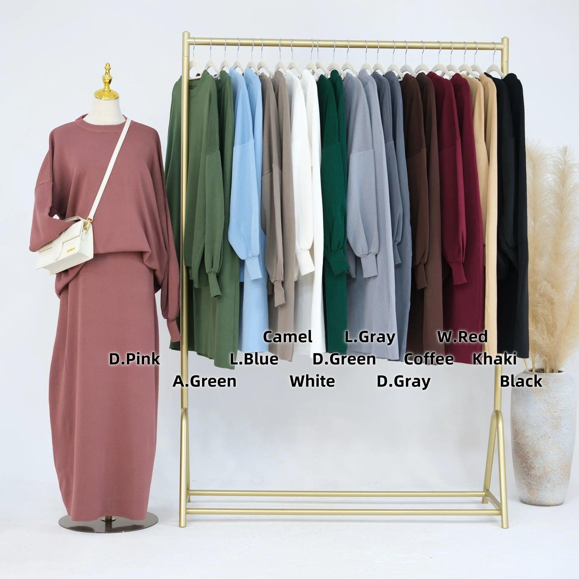 Autumn Winter Thickened Knitted Sweater Skirt Set Ramadan Modest Suits Muslim Women Solid Color 2-piece Set Warm Islam Clothing - Aurex