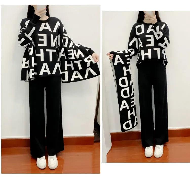 Women Knitting Three Piece Set Letter Print Pullover Sweater Scarf Wide Leg Pants Suit Morocco Ensemble Muslim Knit Tracksuit - Aurex