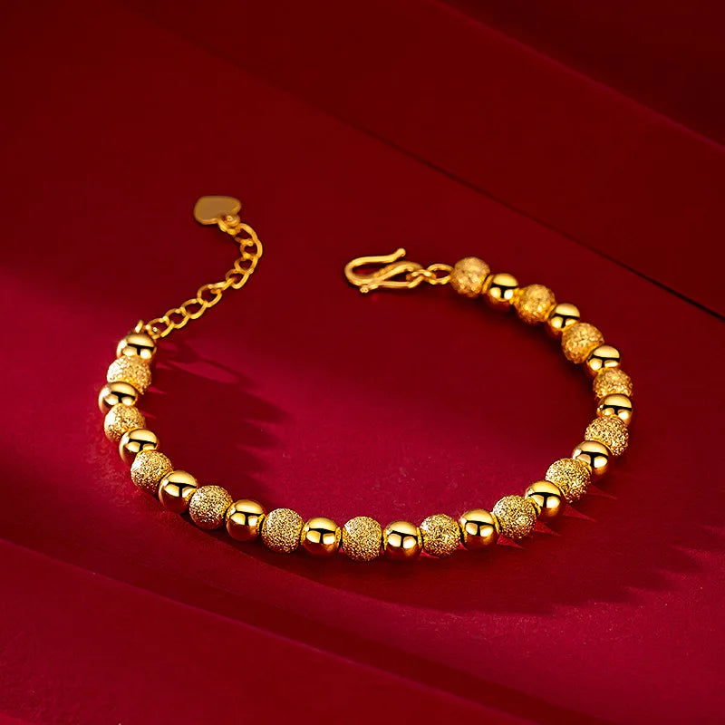 AU999 Gold Glossy Frosted Round Beads Womens Bracelet 24K Real Gold Bracelet 6mm Beaded Wrist Chain