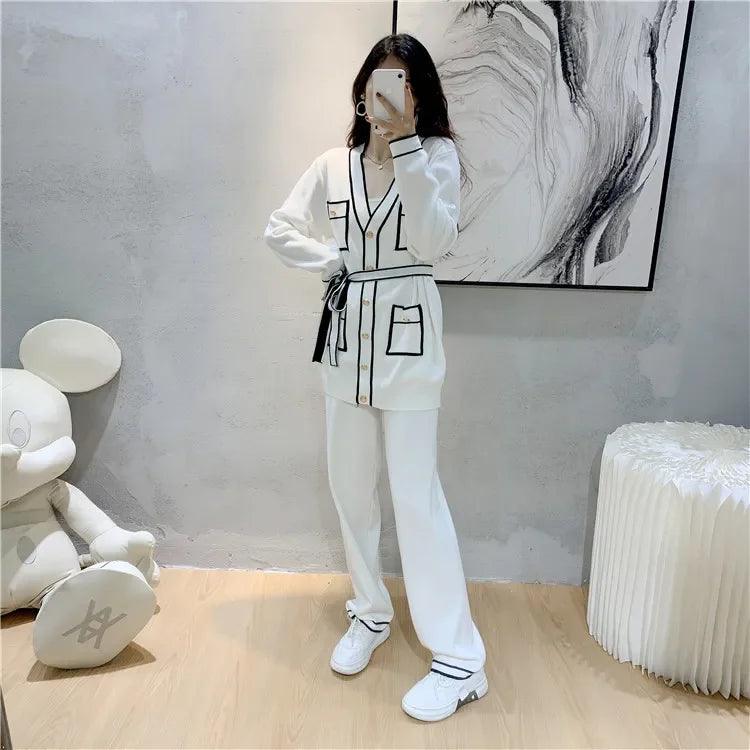 Winter Knitted Two-Piece Set – Women's Lace-Up Sweater Cardigan & Knitted Pants | Warm Outfit 2025 - Aurex