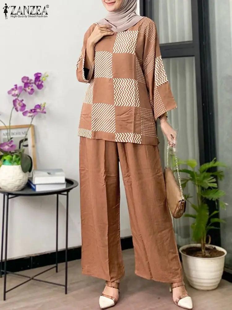 2pcs Women Muslim Matching Sets Long Sleeve Printed Blouse Wide Leg Trousers Suit ZANZEA Summer Pant Sets Dubai Hijab Tracksuits - Aurex