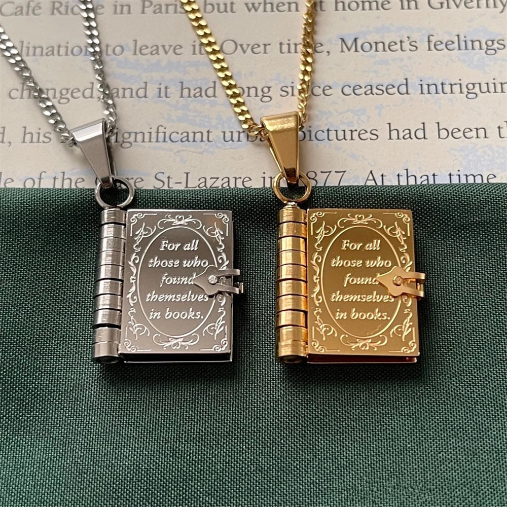 Book Lovers Necklace Stainless Steel Engraved Openable Book Chain Pendant Necklaces for Women Men Vintage Jewelry Gift