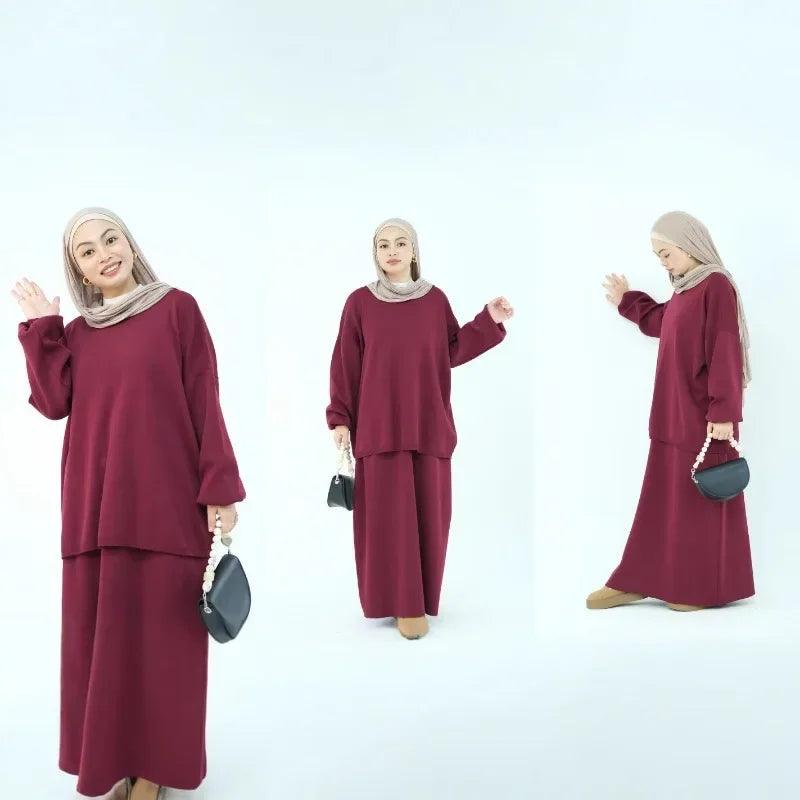 Autumn Winter Thickened Knitted Sweater Skirt Set Ramadan Modest Suits Muslim Women Solid Color 2-piece Set Warm Islam Clothing - Aurex