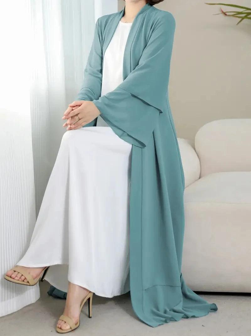 Solid Color Tie Waist Modest Dress, Elegant Layered Hem Maxi Length Dress With Hijab, Women's Clothing - Aurex