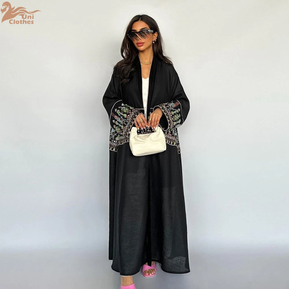 2025 Flower Embroidery Sleeve Dubai Kimono Abaya Dress Luxury Ramadan Saudi Arabia Women Modest Cardigan Islam Turkey Plain Robe