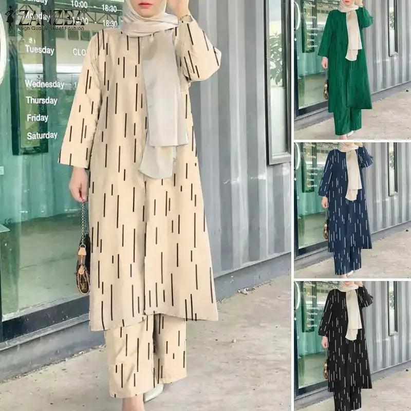 Vintage Printed Trouser Suits  Fashion Women Muslim Sets Two Piece Sets Summer Outifits Dubai Turkey Abaya Hijab Tracksuit - Aurex