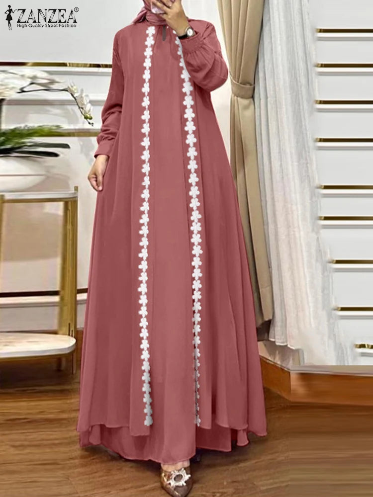 Fashion Patchwork Muslim Abaya Maxi Dress ZANZEA Women Elegant Long Sleeve Dubai Sundress Vestidos Robe Femme IsIamic Clothing