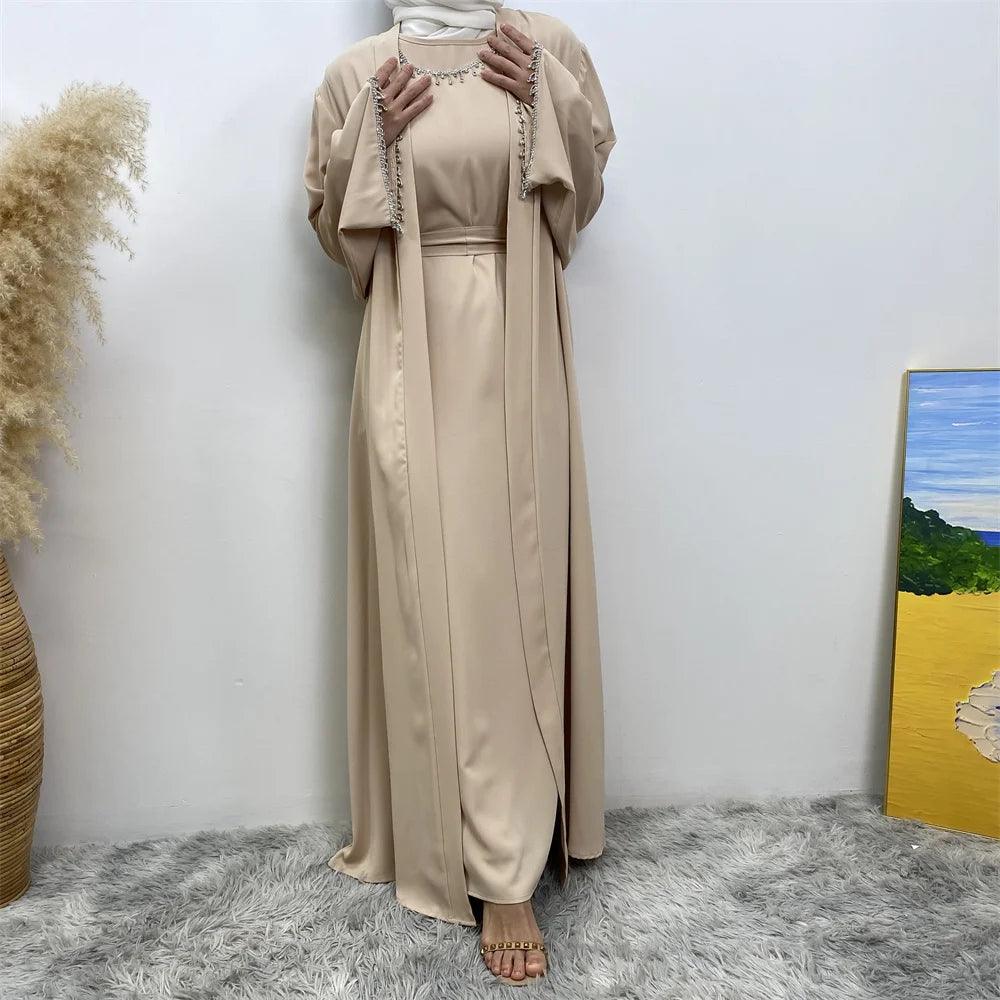 New fashion Muslim women sleeveless dress plus Muslim cardigan two-piece Arab Turkey Dubai dress elegant temperament clothing - Aurex