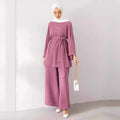 Eid Muslim Two Piece Set Islam Women Lace Up Shirt Wide Leg Pants Suits Ramadan Turkey Outfits Modest Morocco Abayas Ensembles - Aurex