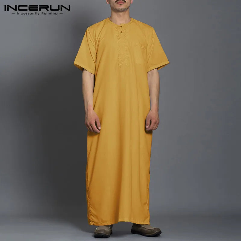 INCERUN 2024 Men Muslim Jubba Thobe Islamic Kaftan Solid Color Fashion Short Sleeve Caftan Middle East Dubai Mens Robes S-5XL