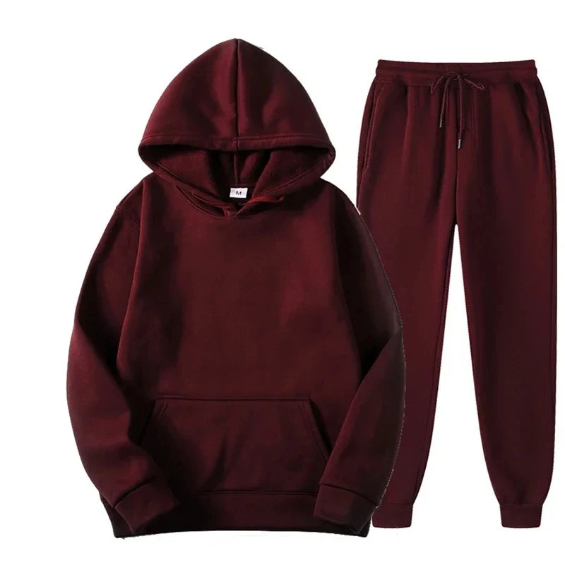 New Men Women Tracksuit Hoodies Casual Solid Color Thick Pullover and Long Pant 2-piece Set Men Autumn Fleece Jogger Sports Suit - Aurex