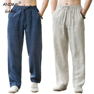 New Men's Linen Pants Sweatwear Solid Color Breathable Trousers Cotton Fitness Lightweight Casual Summer Men Beach Pants