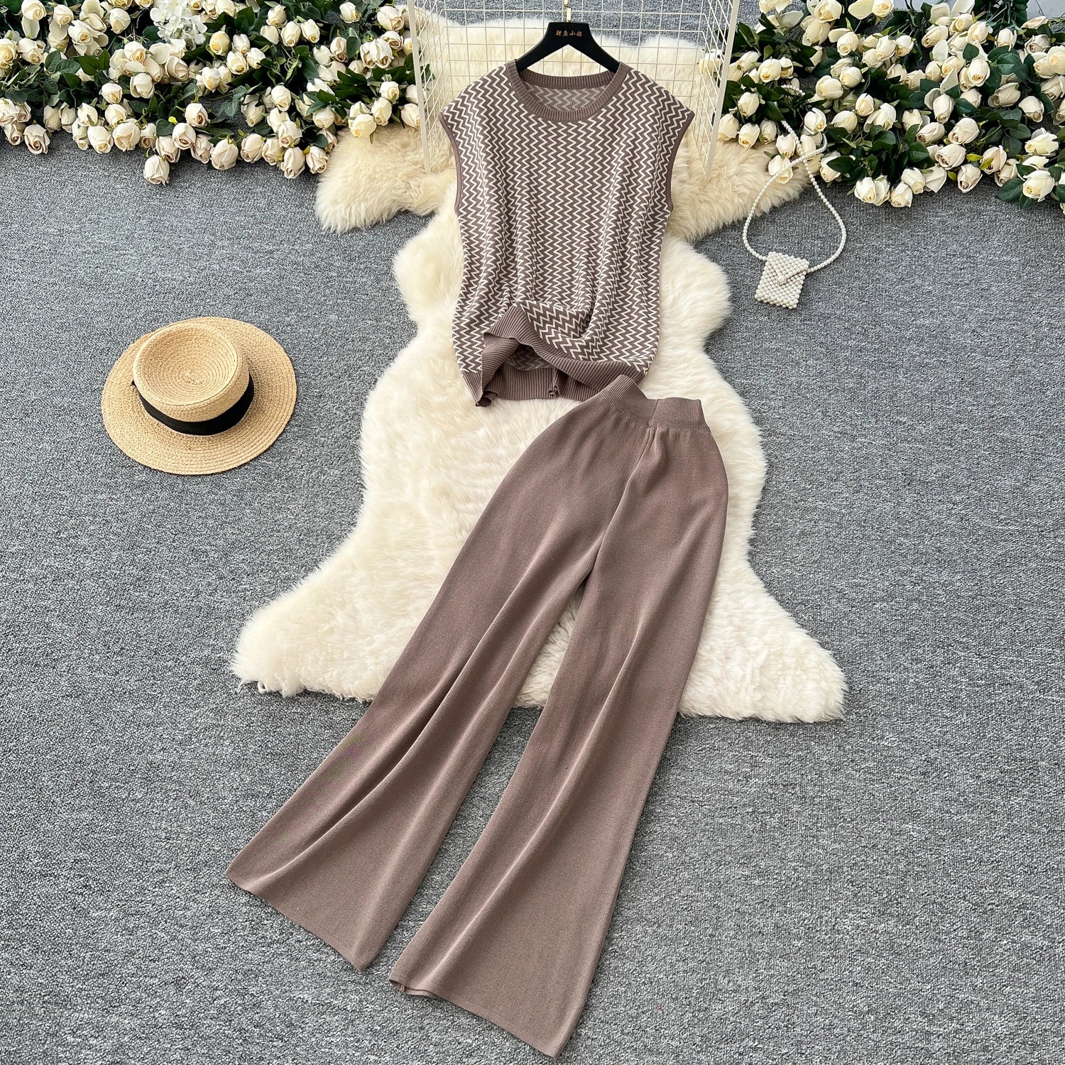 SINGREINY Korean Fashion Summer Sets O Neck Sleeveless Stripe Knitting Tops+Elastic Waist Basic Long Pants Casual Female Suits - Aurex