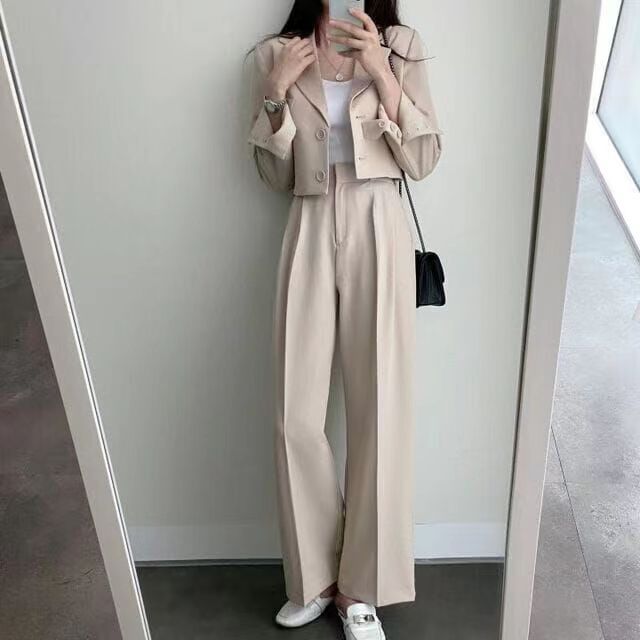 Spring Korean Casual Elegant Suits Blazer Jacket Wide Leg Trousers High Waist Pants Suits Female 2 Piece Sets Crop Top Coats - Aurex