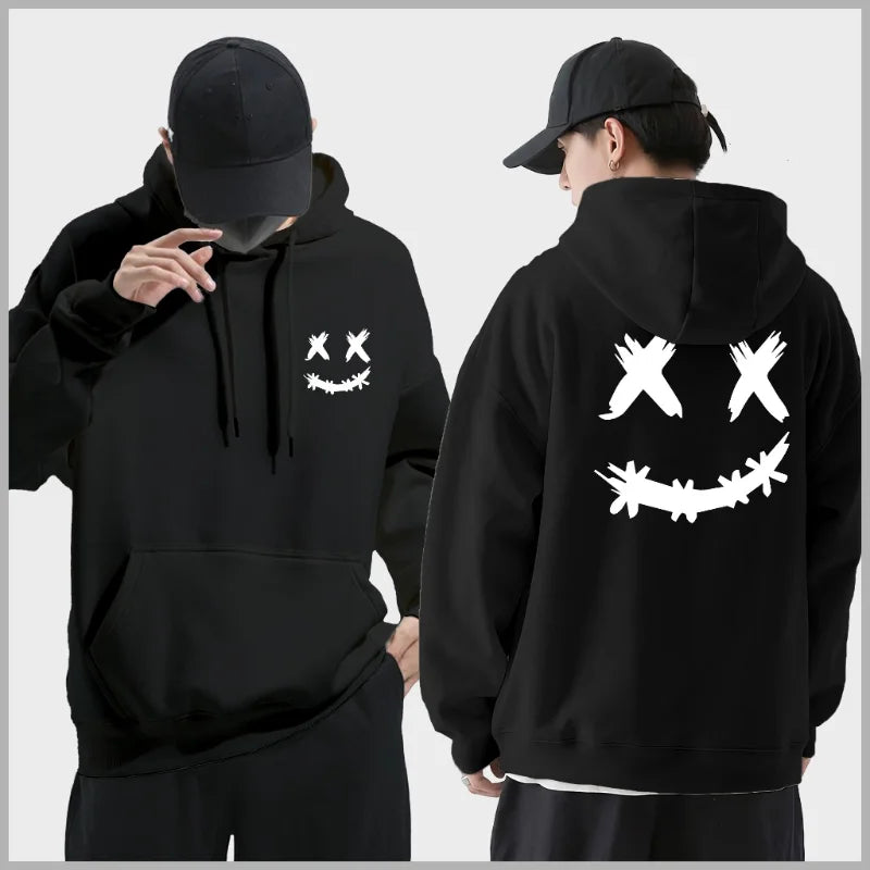 Spring Autumn Wool Men's Hoodie Double Smiley Printed Sweatshirt Street Clothing Rapper Loose Women Pullover Casual Hooded Top