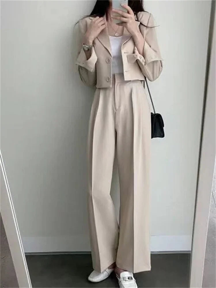 Spring Korean Casual Elegant Suits Blazer Jacket Wide Leg Trousers High Waist Pants Suits Female 2 Piece Sets Crop Top Coats - Aurex