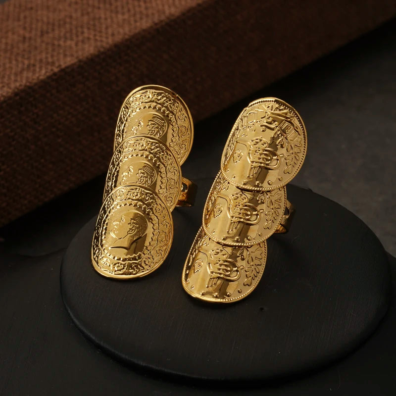 Copper Gold Plated Coin Finger Rings Turkish Coin Men Women Couple Rings Ottoman Figure Adjustable Vintage Wedding Rings