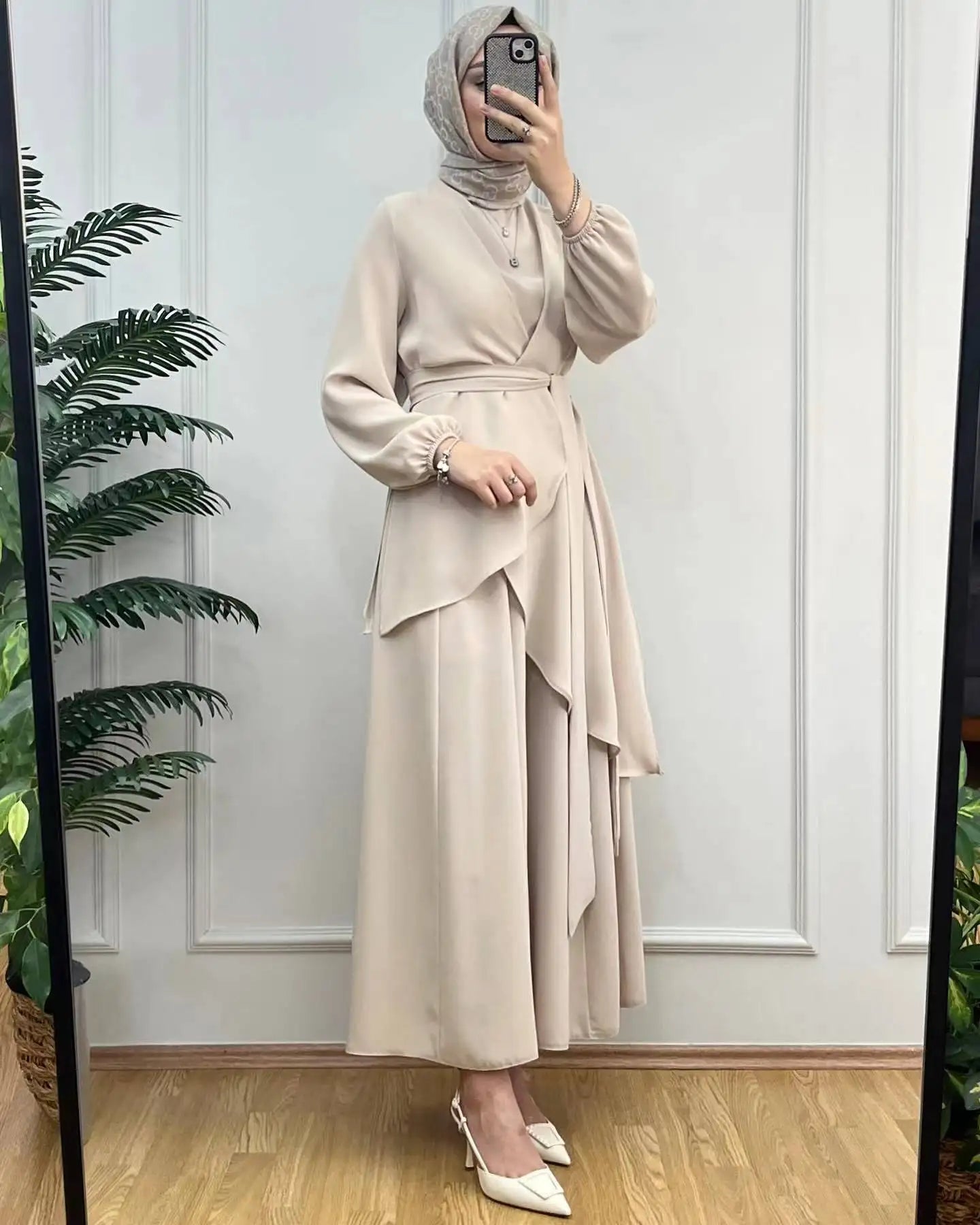 Muslim Two Piece Women Modest Set Top Lace Up Wide Leg Pants Suit Ramadan Morocco Dubai Islam Casual Ensemble Arabic Outfits - Aurex