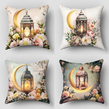 4-Pack Eid Mubarak & Ramadan Cushion Cover, Moon, Lamp Pattern Pillow Cover Square Polyester Pillowcase 45X45cm One Side