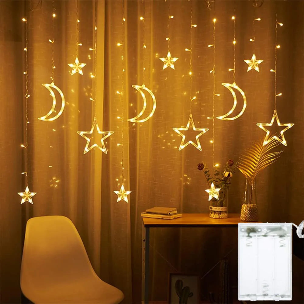 3.5m Star Moon LED Curtain String Light Battery Power Christmas Garland Fairy Lamp for Outdoor Garden Wedding Xmas NewYear Decor