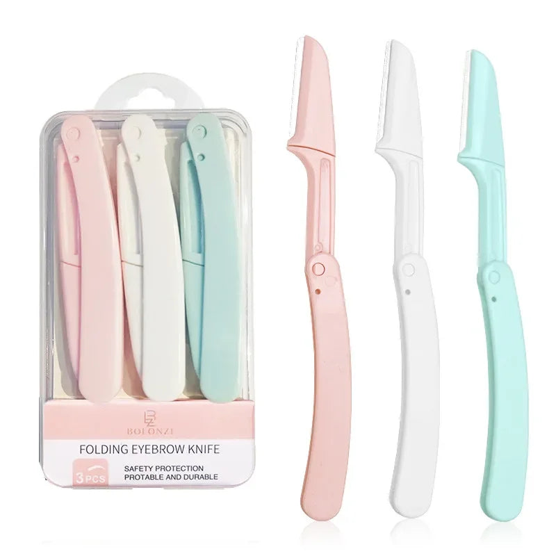 Safety Folding Eyebrow Shaving Knife Cissor with Comb Eyebrow Scraper Female Anti-scratch Set Beauty Tool Replaceable Blade