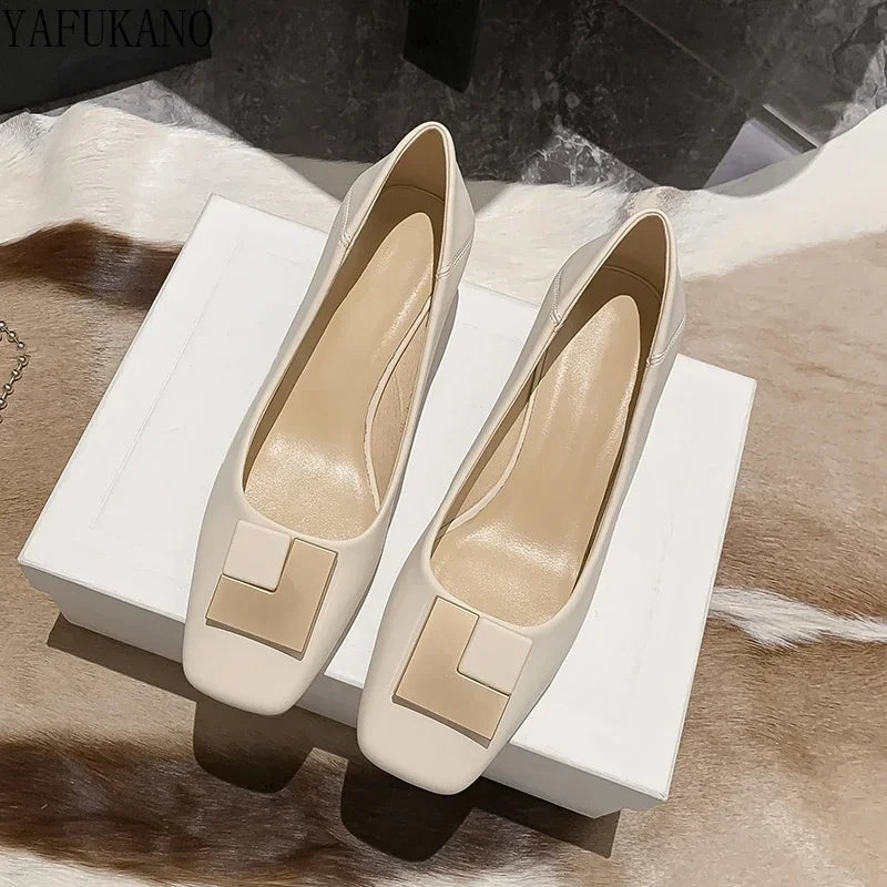 2025 New Fashion Square Toe High Heels Elegant Ladies Office Work Shoes Soft Leather Comfort Mid Heel Casual Womens Pumps