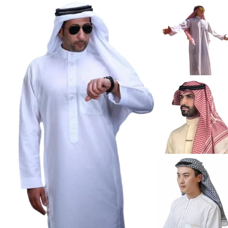 2025 New Ramadans Muslims Dress Abayas Dubai Casual Kaftan Robe Islamic Costume with Arab Head Scarf Keffiyeh Set Gifts for Men