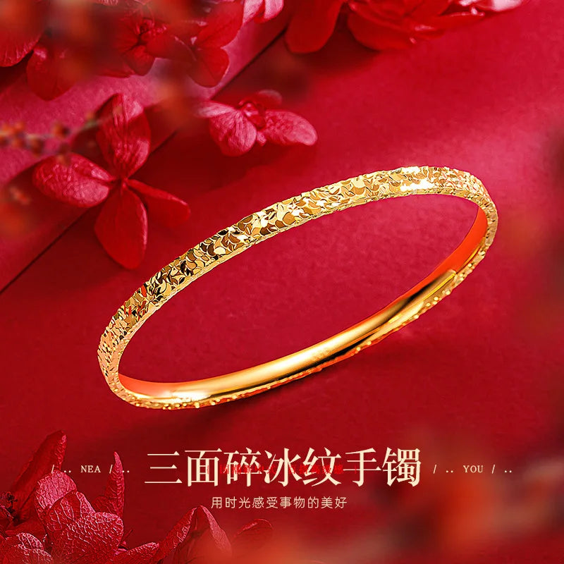 Light luxury fashion 24K real gold three side ice pattern bracelet Advanced 999k gold flash design broken ice bracelet