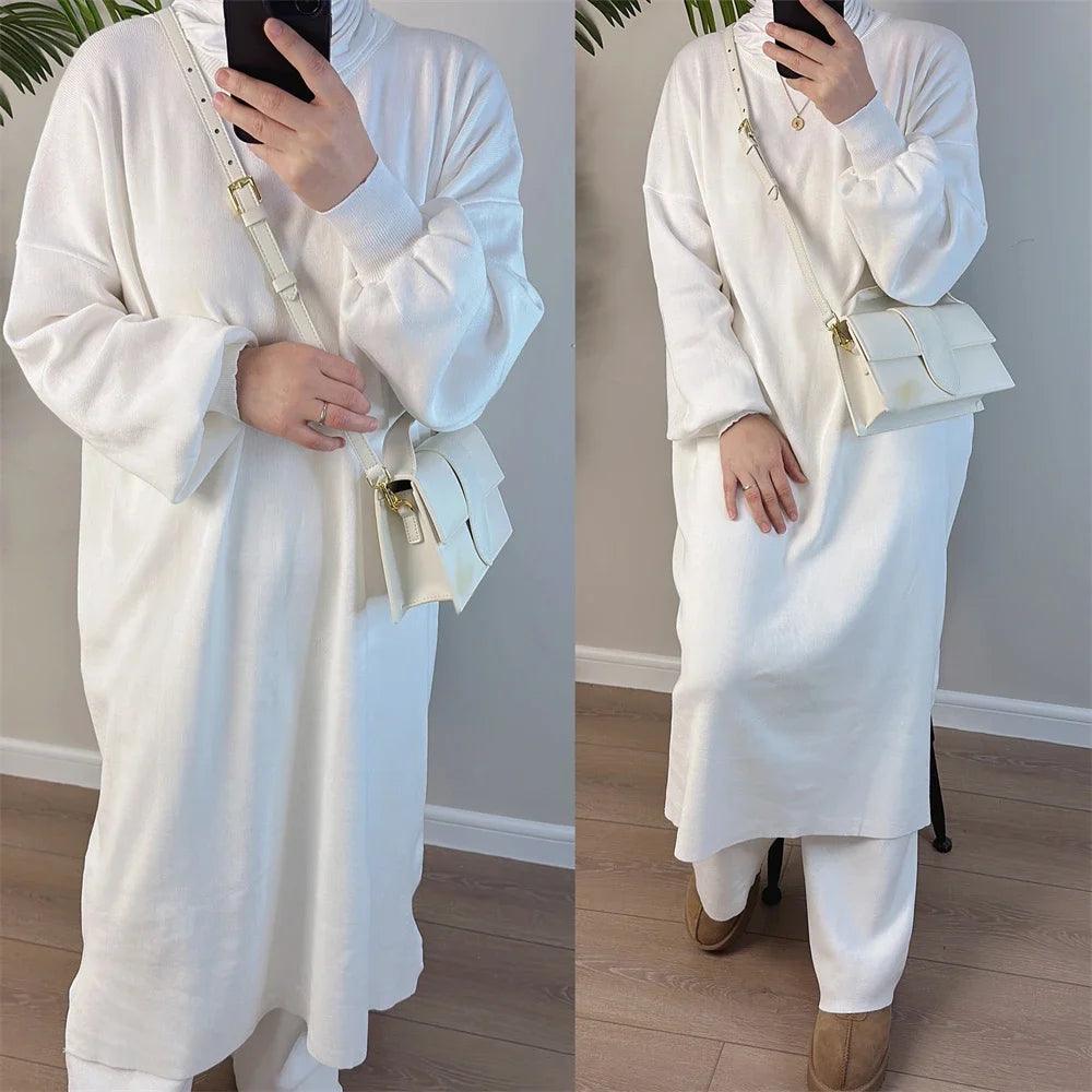 Autumn Casual Knitted 2 Piece Set Womens Outfits Matching Muslim Set Long Sleeve Dress Wide Leg Pants Suit Tracksuit Turkey Robe - Aurex