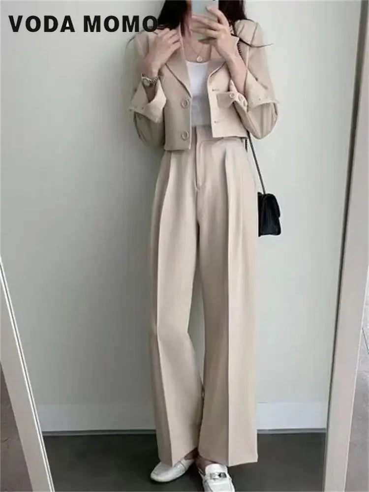 Spring Korean Casual Elegant Suits Blazer Jacket Wide Leg Trousers High Waist Pants Suits Female 2 Piece Sets Crop Top Coats - Aurex