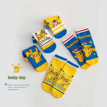 5 PCS Pokemon Anime Figure Pikachu Socks for Children Boys Girls Cute Cartoon Pure Cotton Medium Tube Sock Kids Gifts