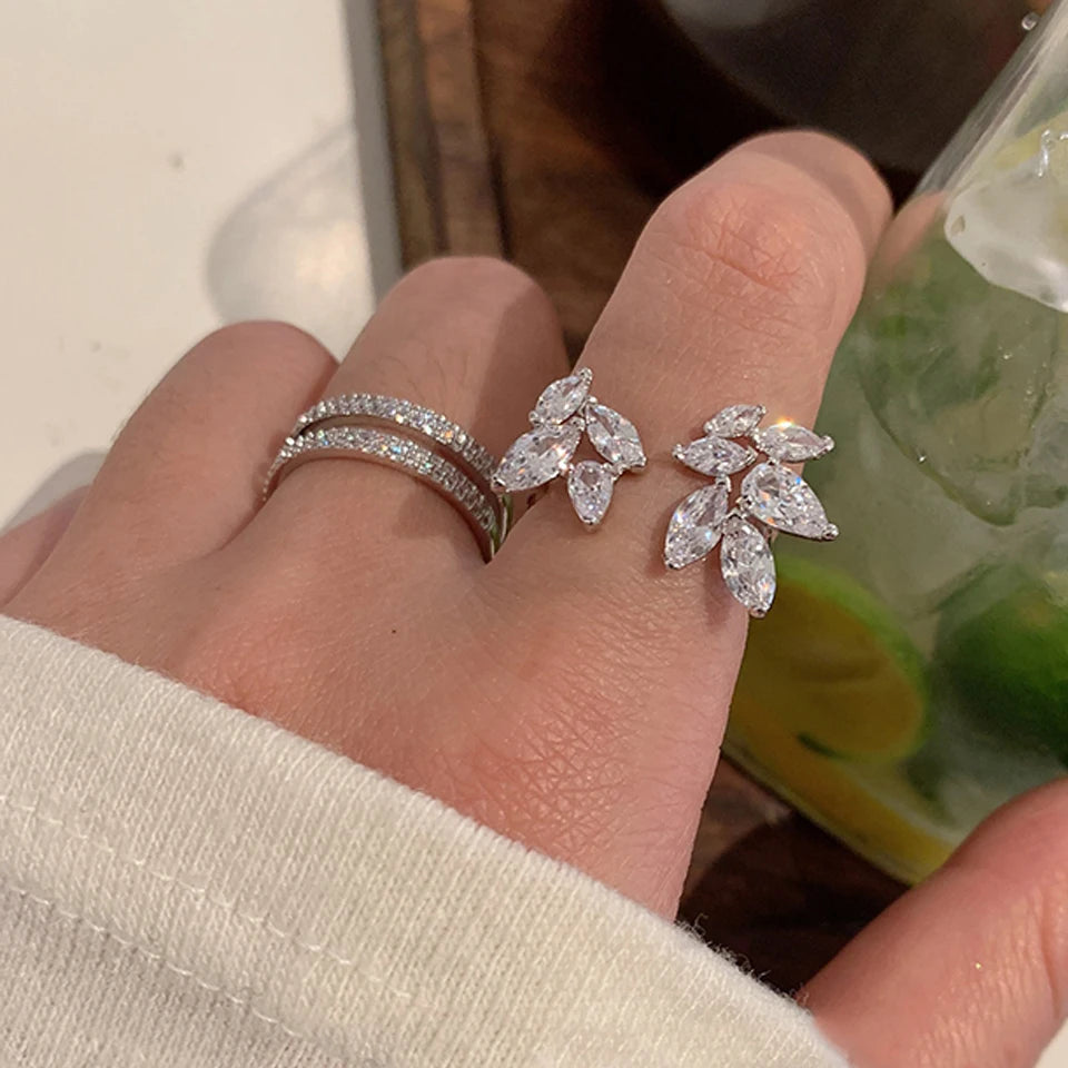 Korea Shiny Cubic Zircon Leaf Flower Open Rings for Women Fashion Clear Marquise Zircon Crystal Finger Ring Party Jewelry