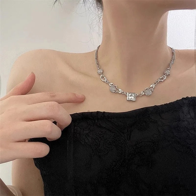 Y2K Moonstone Necklac Star Tassels Pendant Fashion Kpop Shiny Clavicle Zircon Chain for Women Girls New Trend Party Gift Jewelry