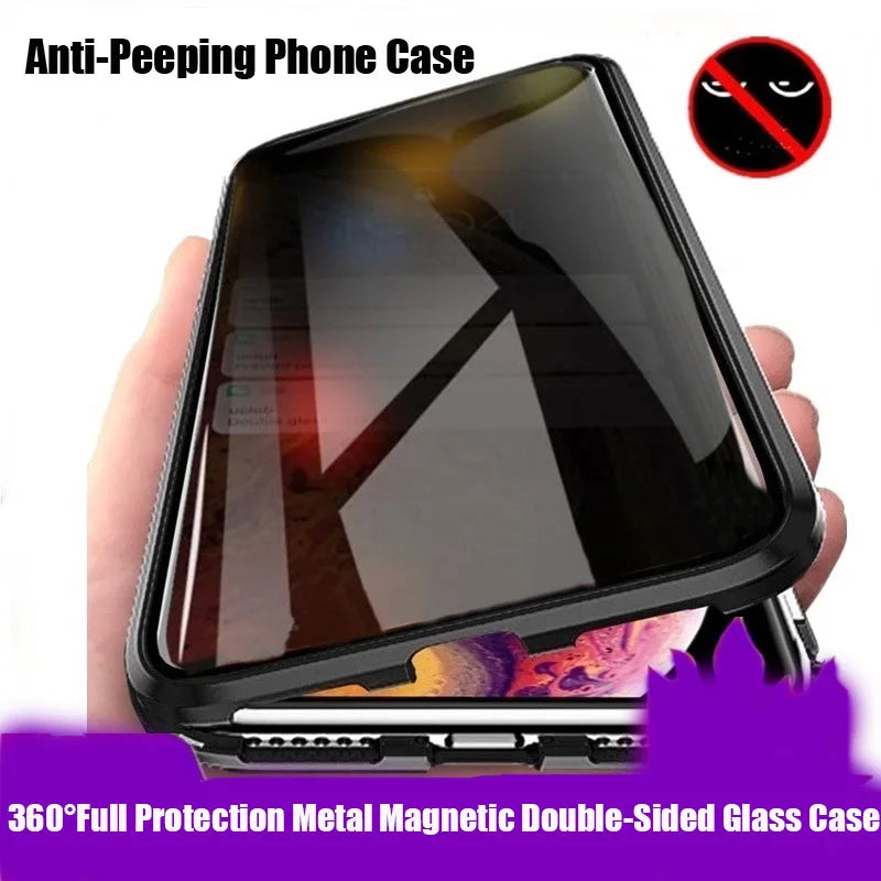 360°Full Protection Metal Magnetic Double-Sided Glass Anti Peeping Snap Lock Phone Case For iPhone 15 14 13 12 16 Pro Max Cover