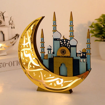 EID Mubarak LED Light Wooden Moon Mosque Table Ornaments Ramadan Decor Night Lights 2025 Islam Muslim Party Decoration Supplies