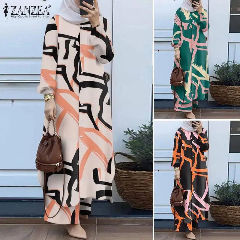 ZANZEA Fashion Matching Sets Muslim Suit Long Sleeve Blouse Wide Leg Pants 2PCS Woman Vintage Floral Printed Tracksuits - Aurex