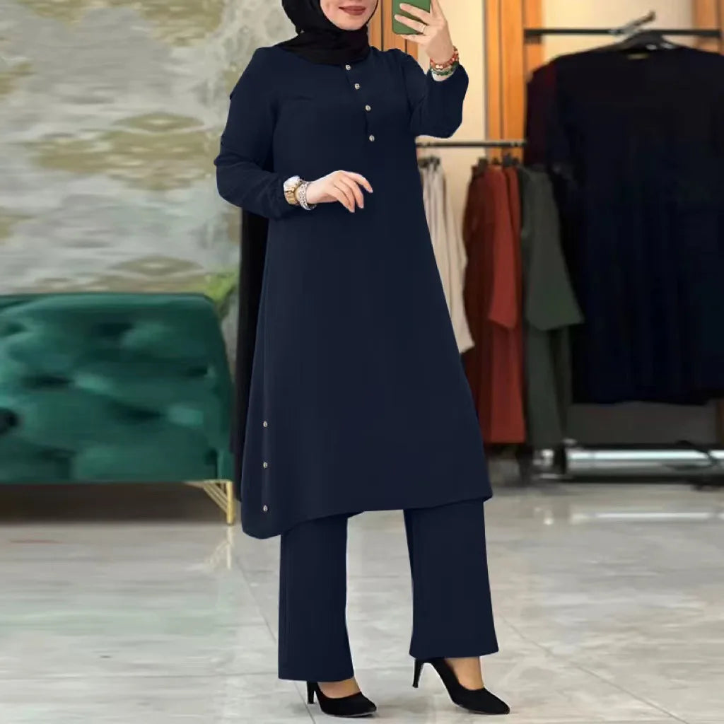 Arab Women Eid Muslim Two Pieces Set Blouse & Wide Leg Pant Musulman Ensemble Belt Single Button Shirt Ramadan Modest Clothing - Aurex