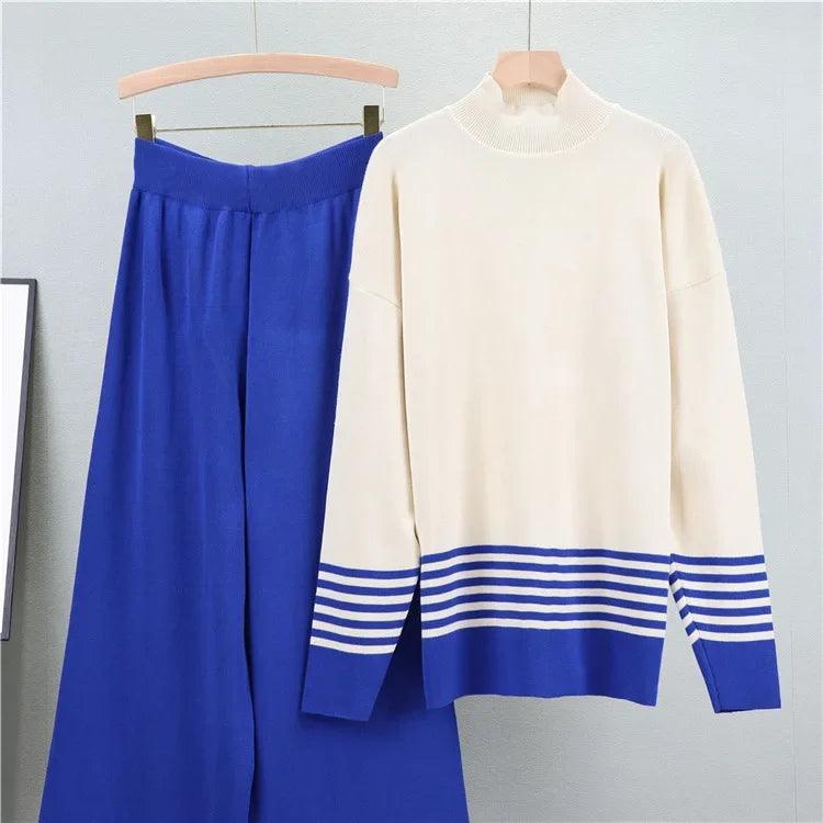 Muslim Knitting Suit Women Two Piece Sets Pullover Striped Sweater Knitted Wide Leg Pants Outfits Casual Knitwear Ensemble 2024 - Aurex