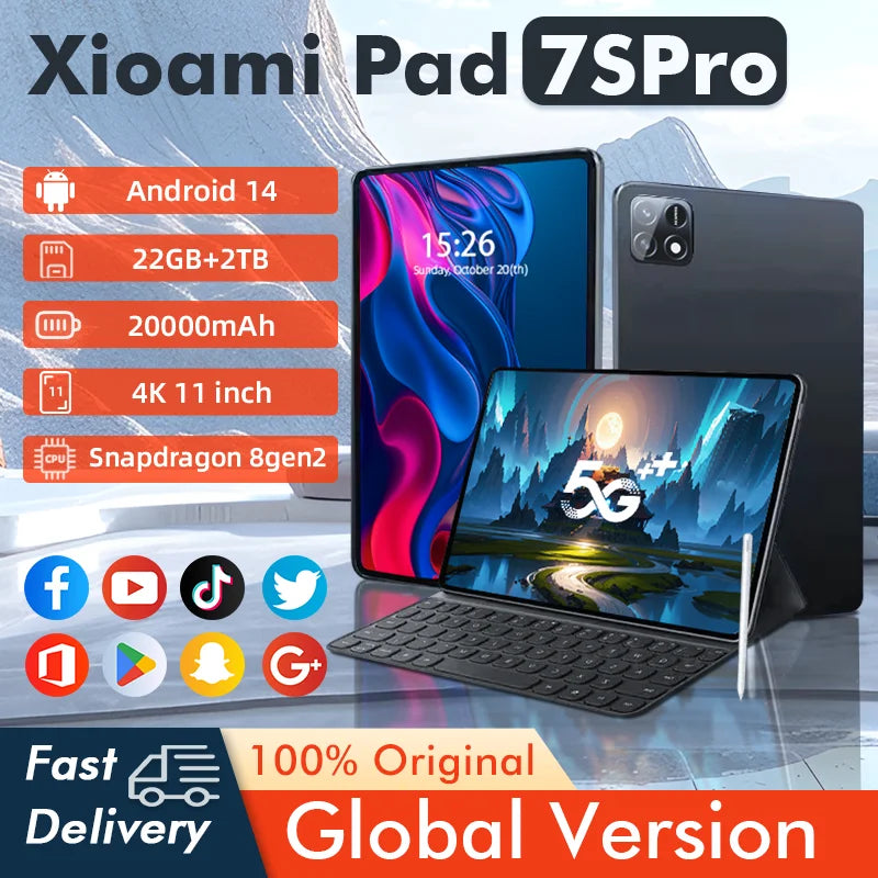 2025New7S Pro 2025 Tablet with Snapdragon 8gen2 4K Screen 22GB RAM 2TB Storage Android 14 System Dual-Mode 5G and Wi-Fi 20000mAh