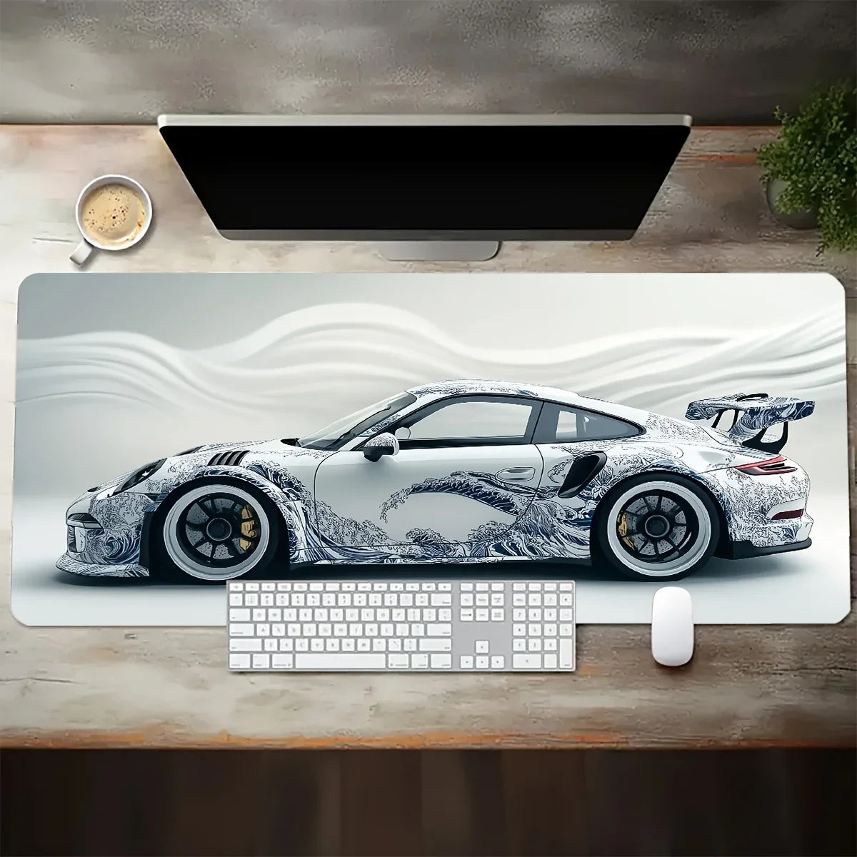 Large White Sports Car Design Gaming Mouse Pad Anti-Slip Rubber Base Extended Desk Mat for Gamer Office Use Computer Accessories