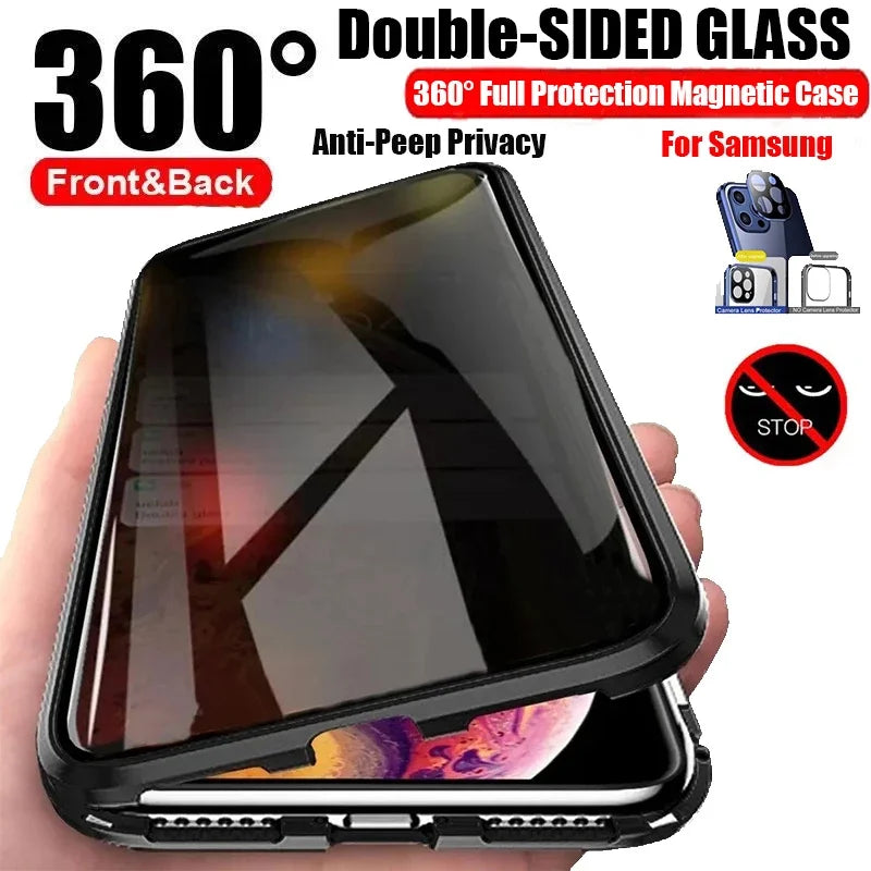 360° Protect Anti Peeping Privacy Double Sided Tempered Glass Case For Samsung Galaxy S24 S23 S22 Ultra Plus Metal MagneticCover